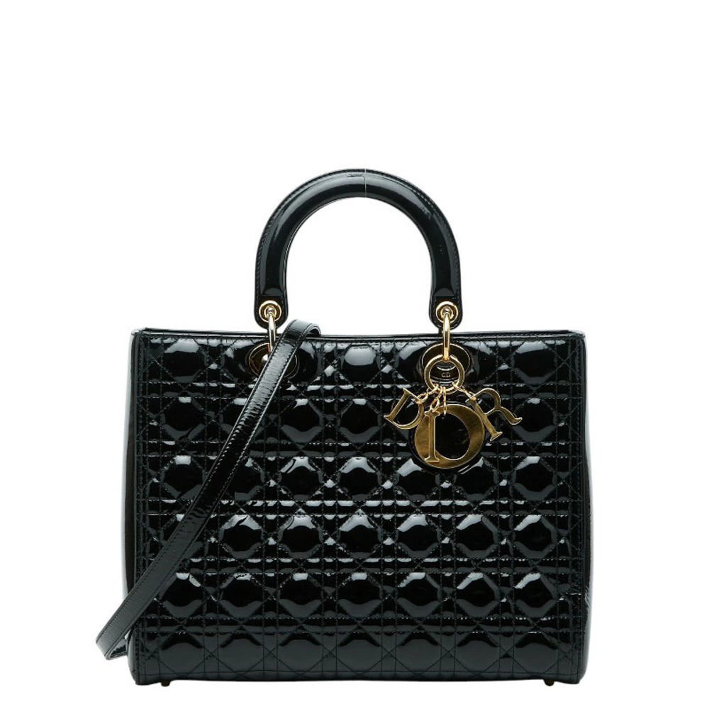 Christian Dior Lady Cannage 2way Shoulder Bag Black Patent Vernis Leather